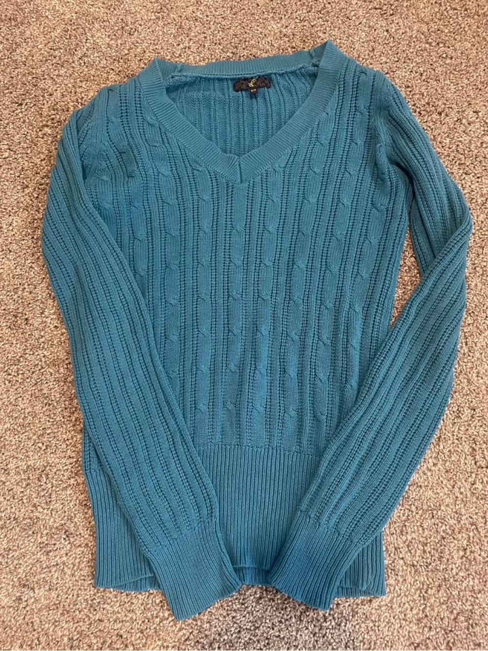 Women's V-Neck Cable Knit Sweater in Teal